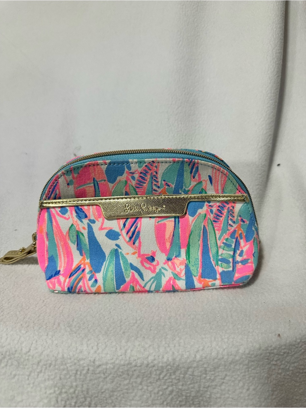 Lilly Pulitzer Pink Multi Surfboard Print Cosmetic Pouch with Gold Trim